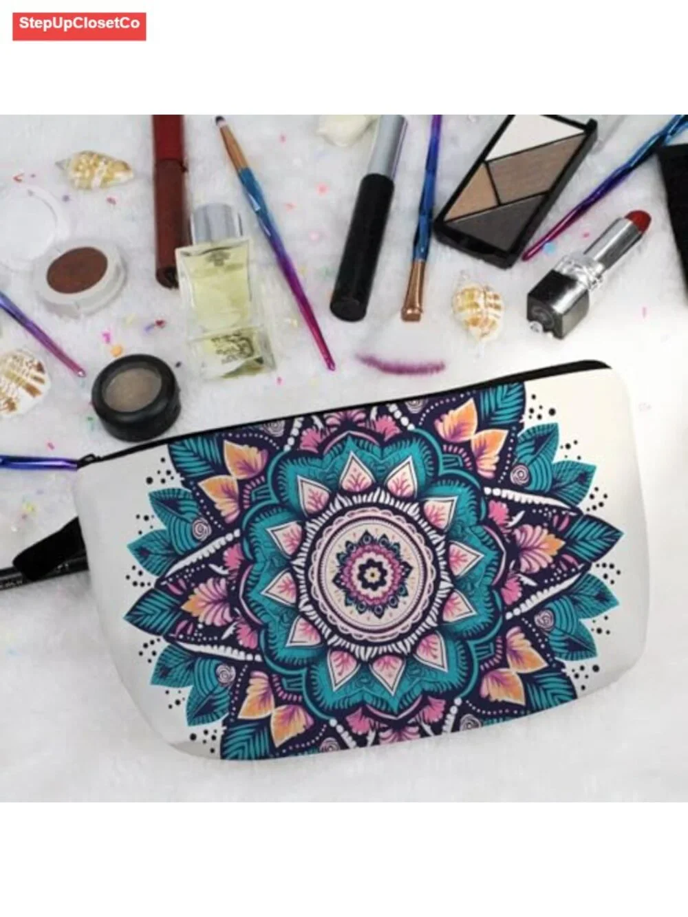 Floral Mandala Cosmetic Bag Padded Makeup Organizer Polyester Zipper Pouch